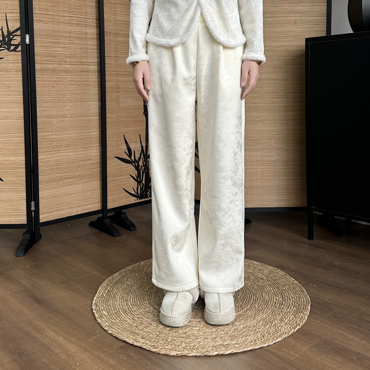 2025秋冬新款新中式中国风气质时尚百搭宋锦提花加绒加厚休闲裤