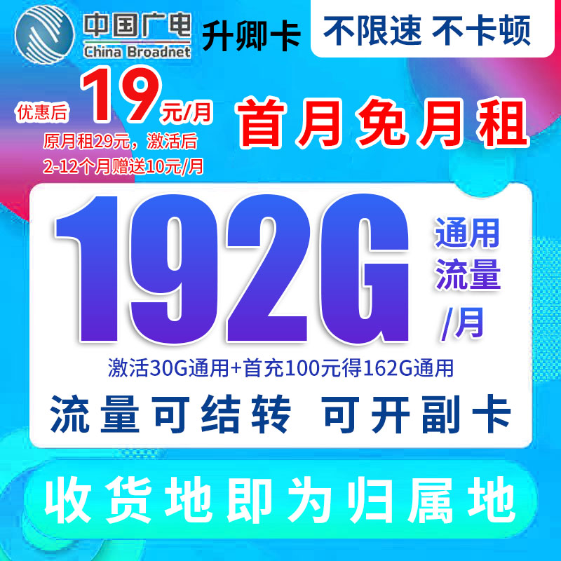 广电超大19元流量卡无限速电话卡5G流量卡首月免月租电话卡
