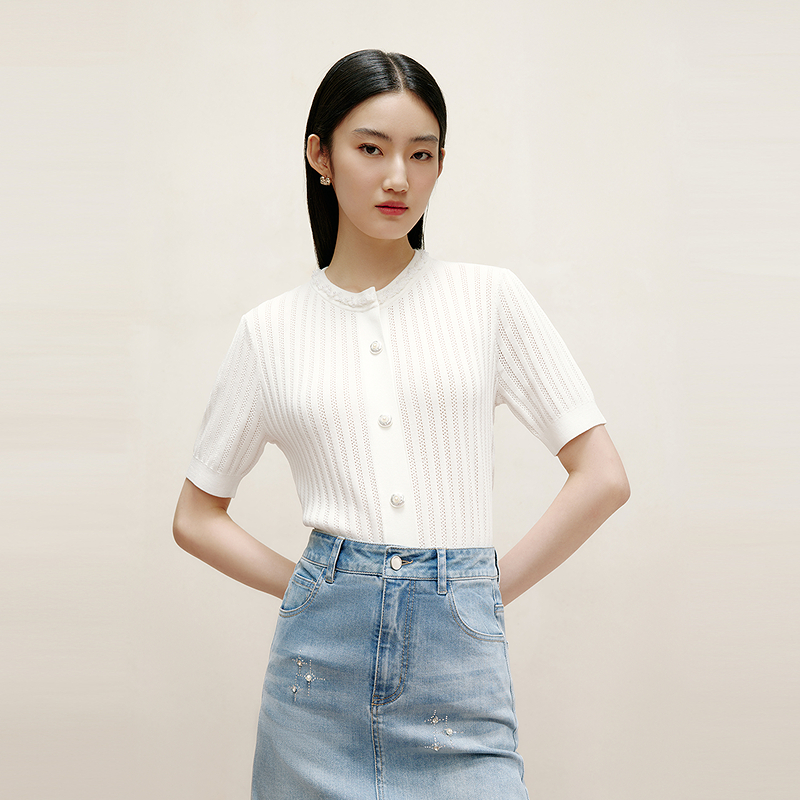 LIME/莱茵【冬姐精选】夏季镂空钩花简约针织开衫白色LDGB3AKCD004