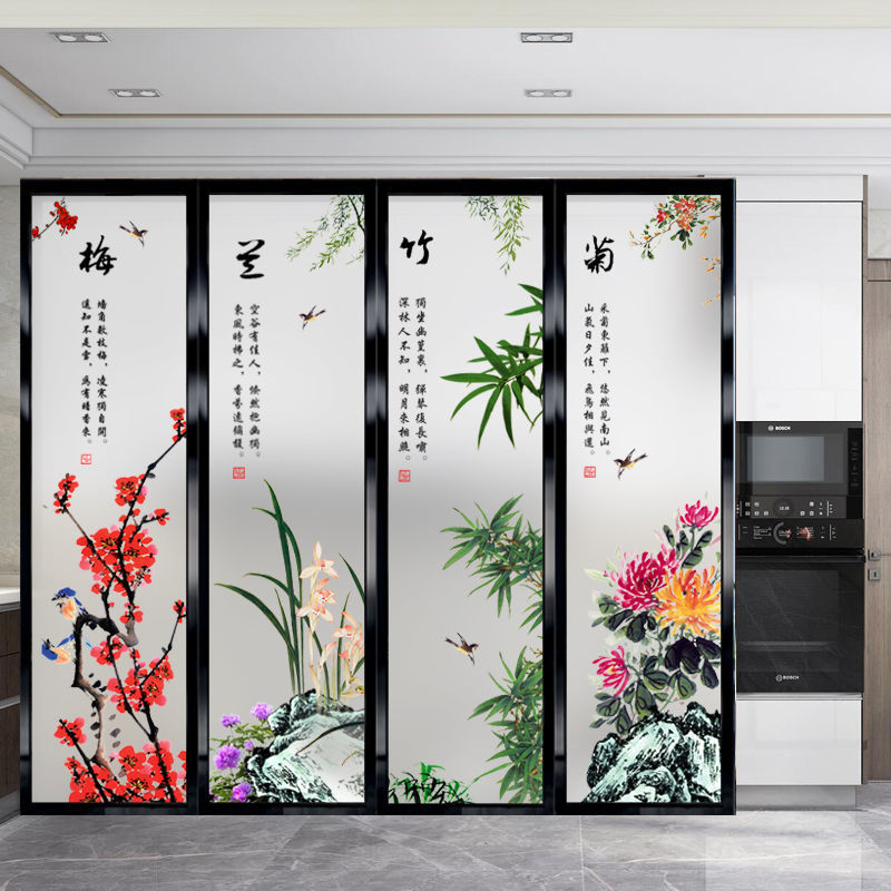 现代钢化艺术玻璃双面隔断屏风玄关客厅背景磨砂透光简约梅兰竹菊