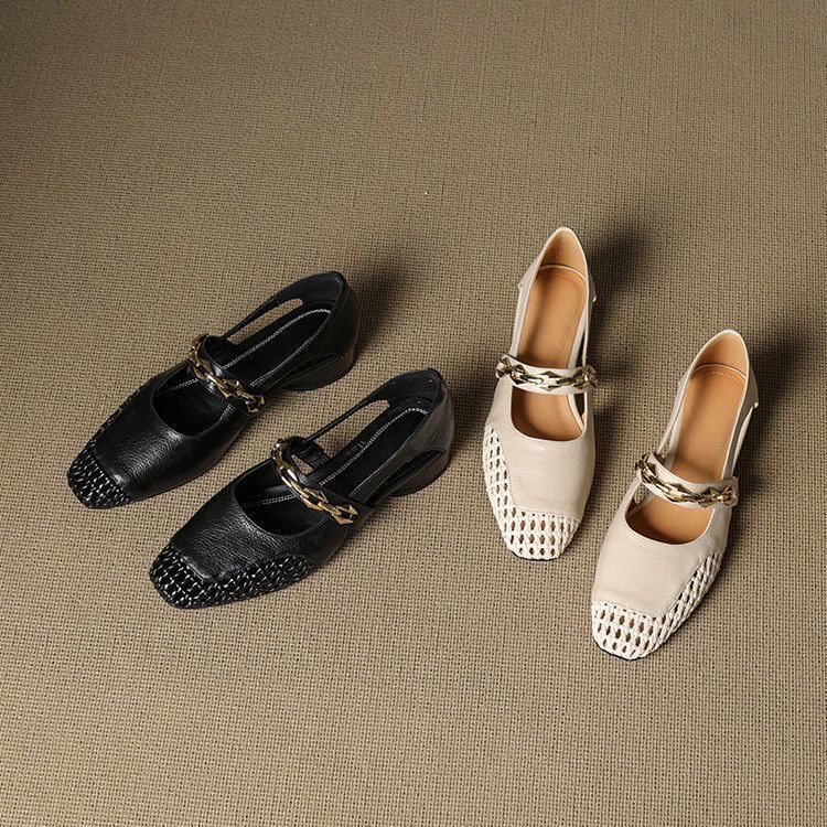 真软皮一字带方头镂空法式凉鞋女2025夏季新款粗跟3CM时尚女鞋