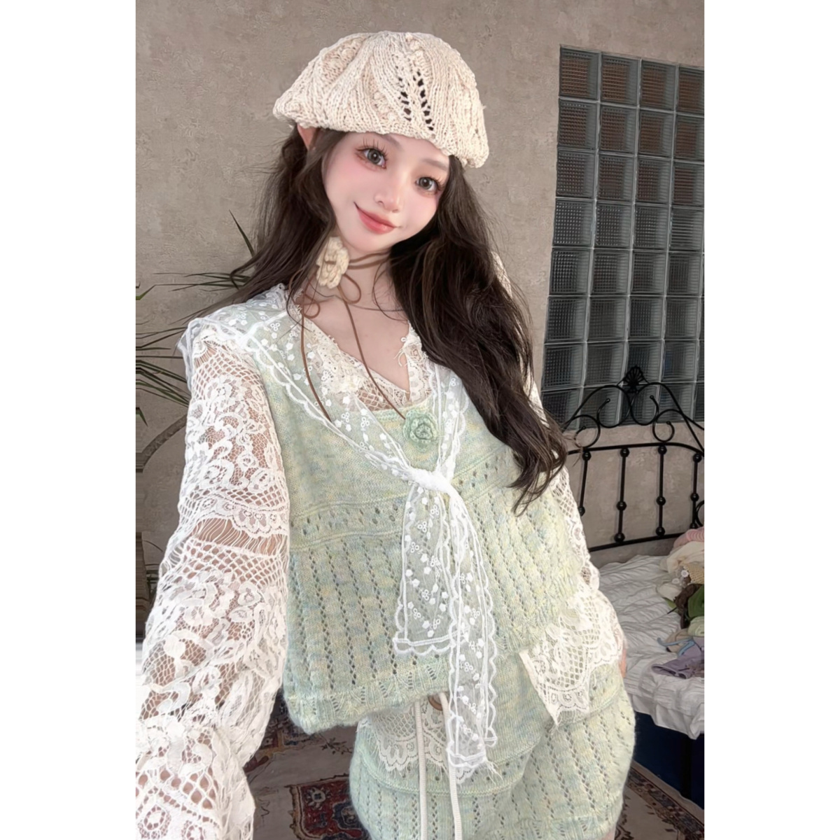 ｛绿洲甘露｝针织毛衣女早秋款 绿色显瘦设计感