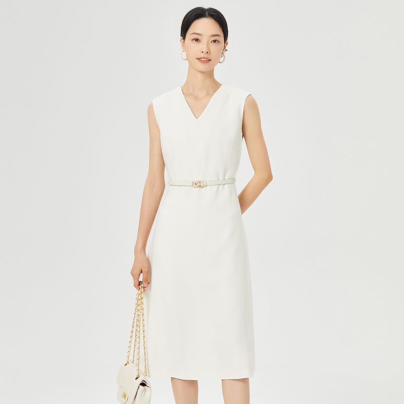 娜尔思.灵赫本风V领无袖连衣裙女2025春季新A字裙LF05981D1