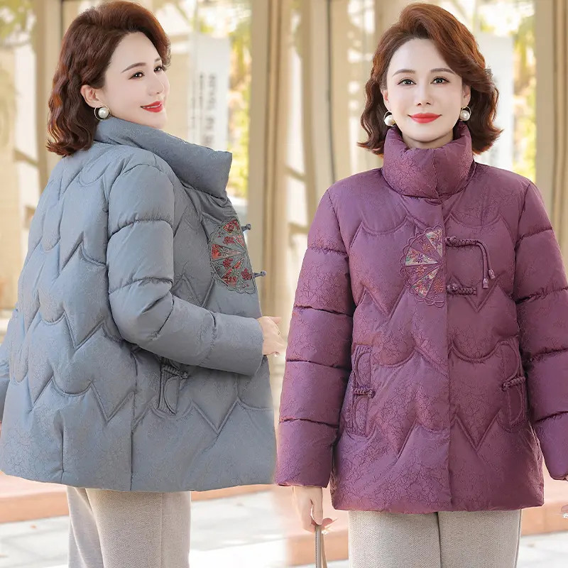 冬季国风时尚中老年女装妈妈装加绒加厚棉服外套大码宽松短款棉袄