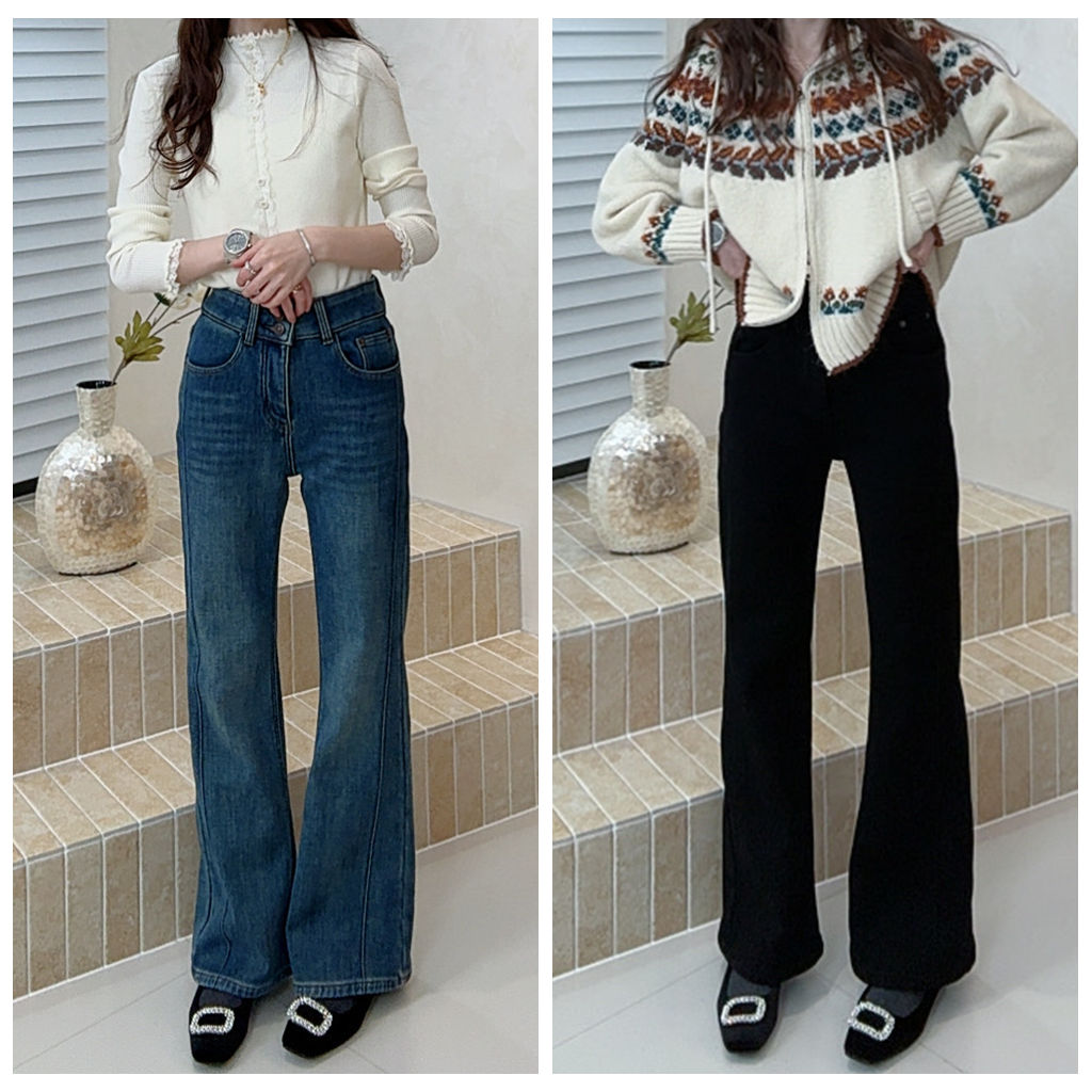 【ZMMY严选私服】冬季新款高腰弹力显瘦两粒扣加绒喇叭裤5121707