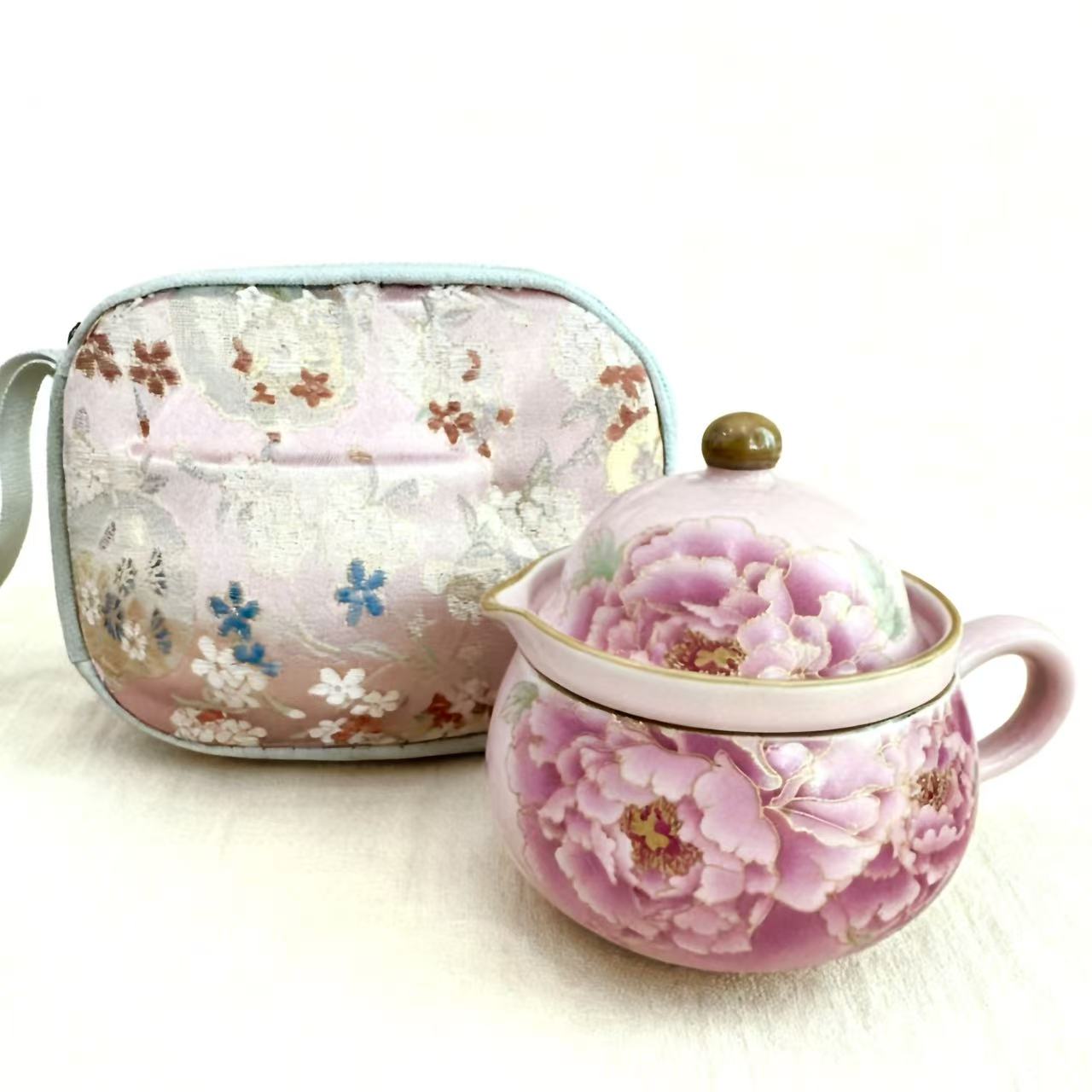 QD901束冉窑描金牡丹花茶咖杯带底款一壶一杯