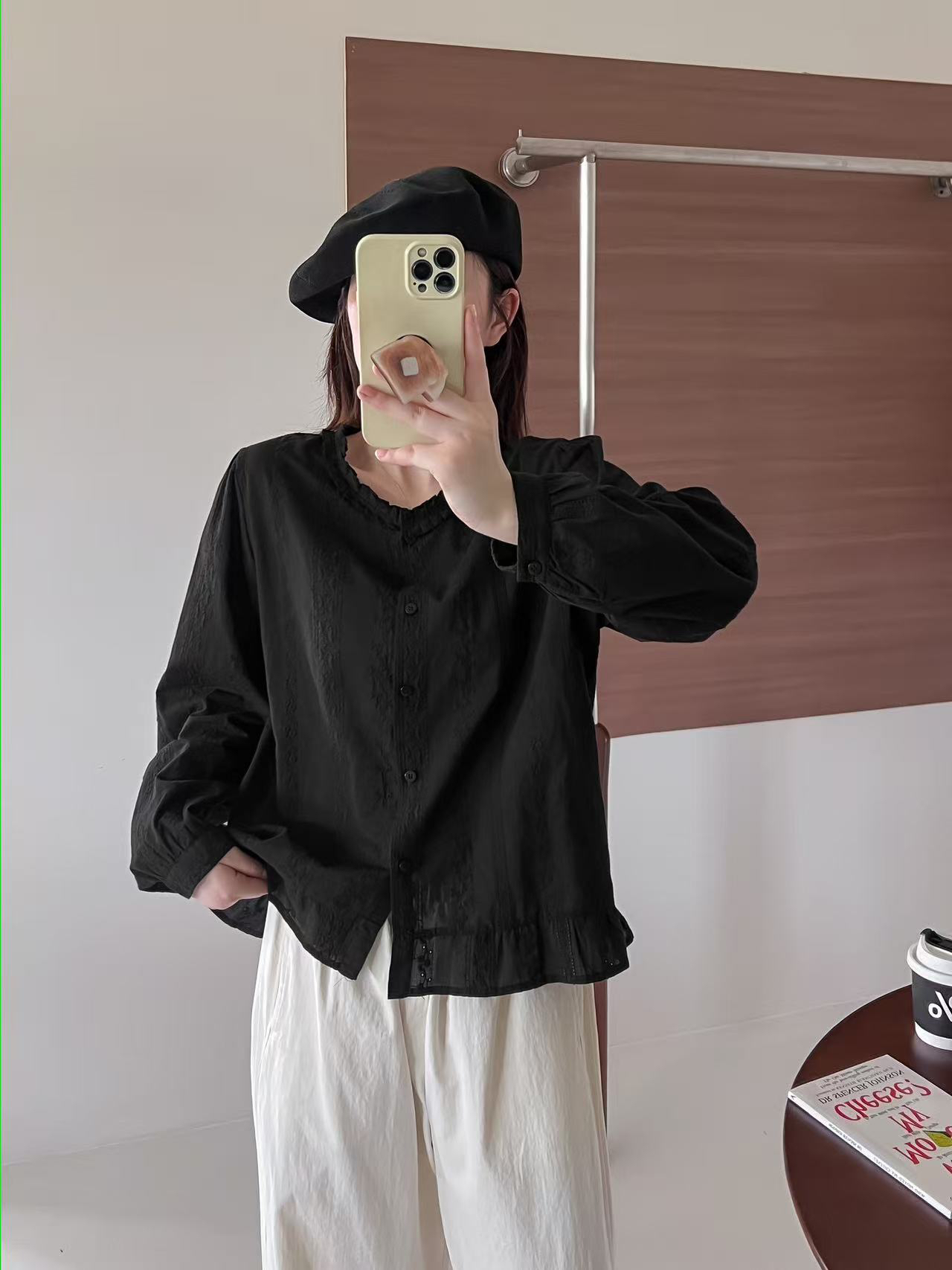 日系甜美减龄圆领提花刺绣长袖衬衫女娃娃衫上衣3366