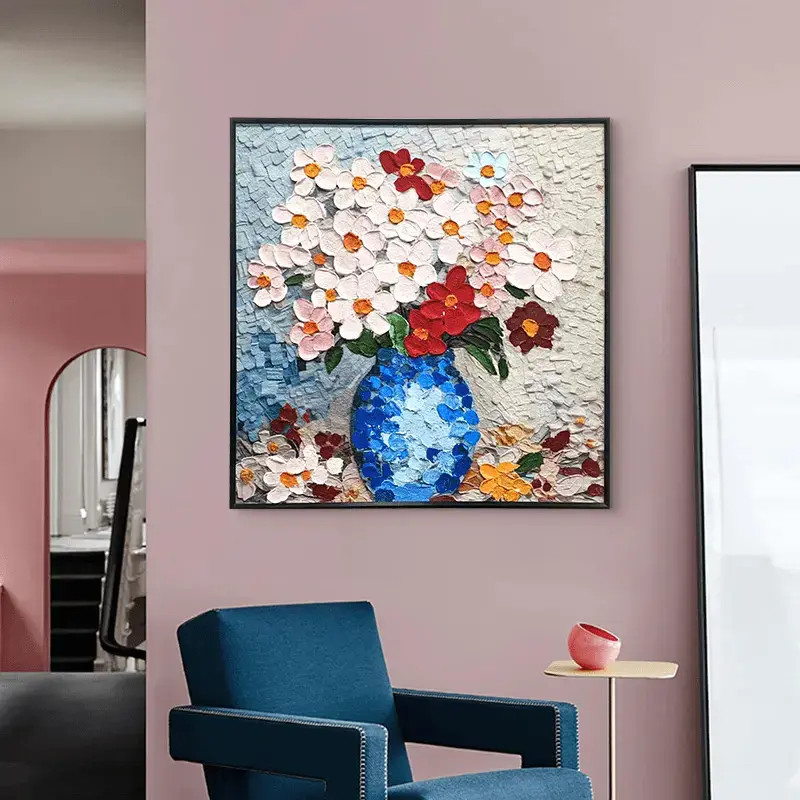 幸福花束︱蓝色花瓶手工油画现代简约入户玄关沙发墙装饰画