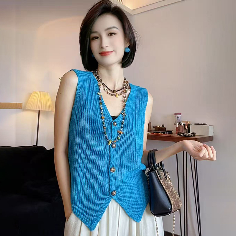小香风蓝色冰丝针织背心女2025新款设计感复古气质显瘦无袖上衣