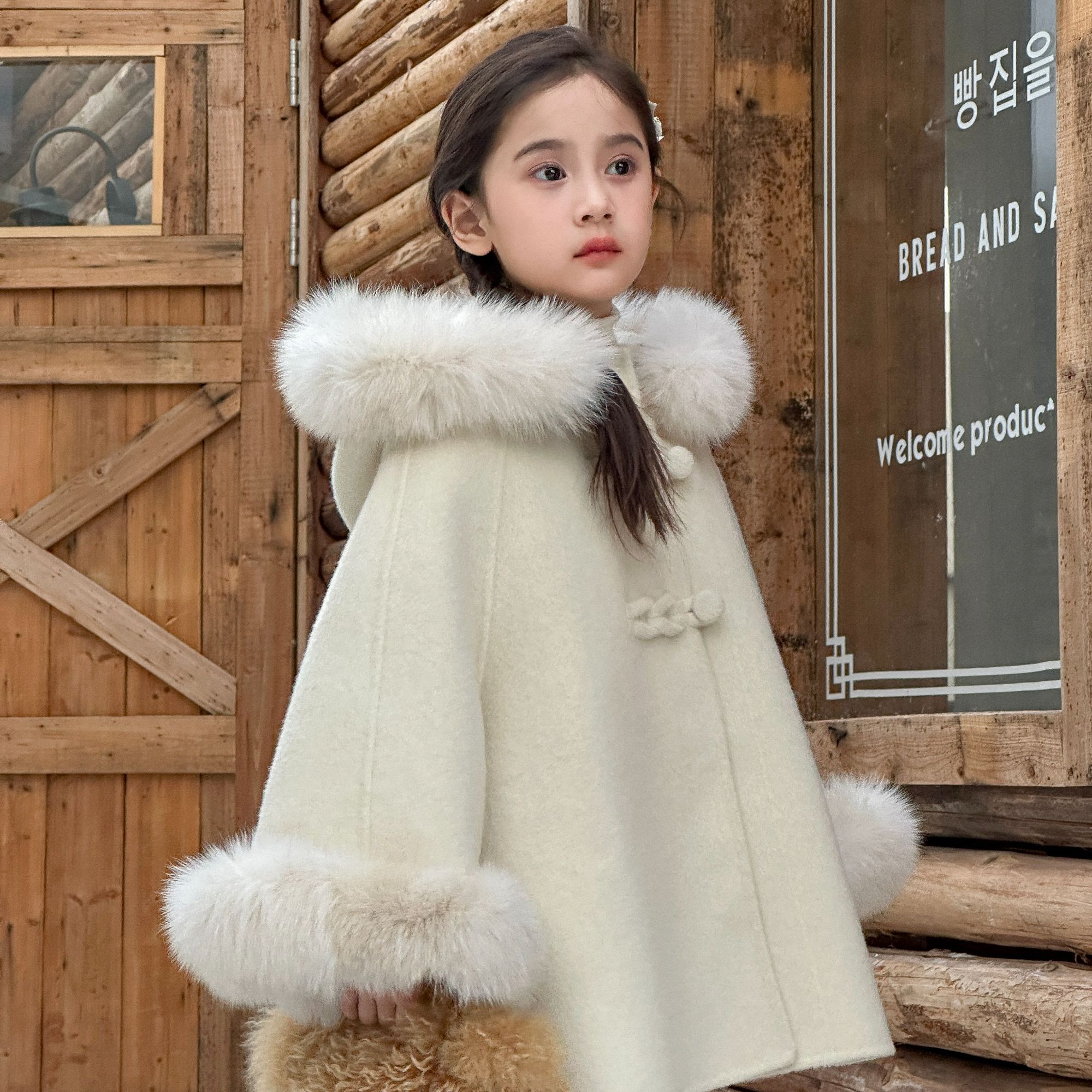 真狐狸毛＋时尚斗篷女童双面绵羊毛大衣加厚保暖韩版秋冬新款-075