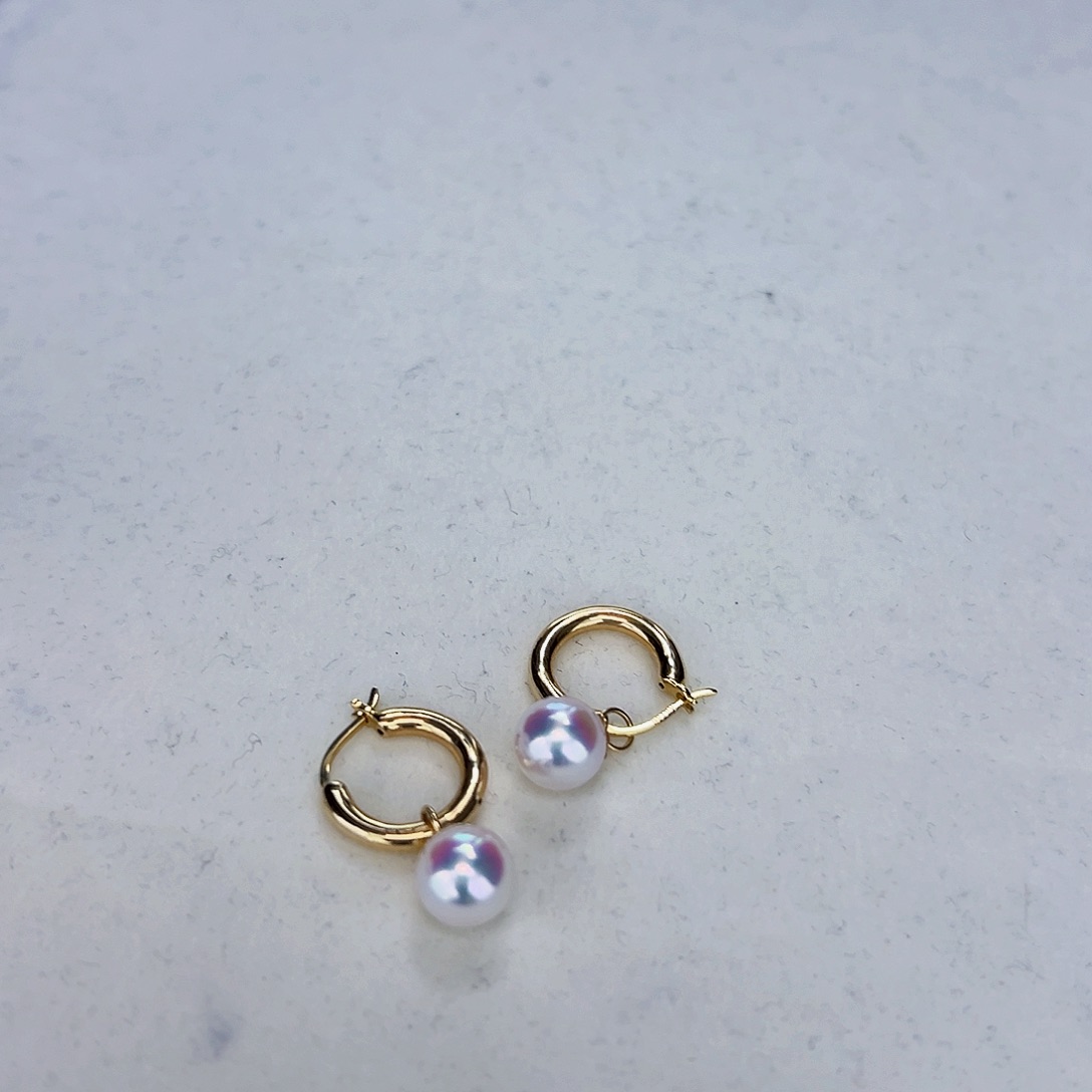 海水珍珠海水akoya许红豆耳扣7.5-8mm18K金镶嵌
