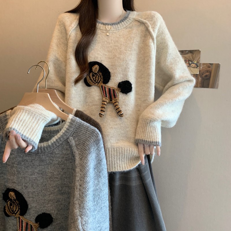 撞色别致设计感长袖针织衫女秋冬新款胖妹妹宽松洋气减龄毛衣外穿