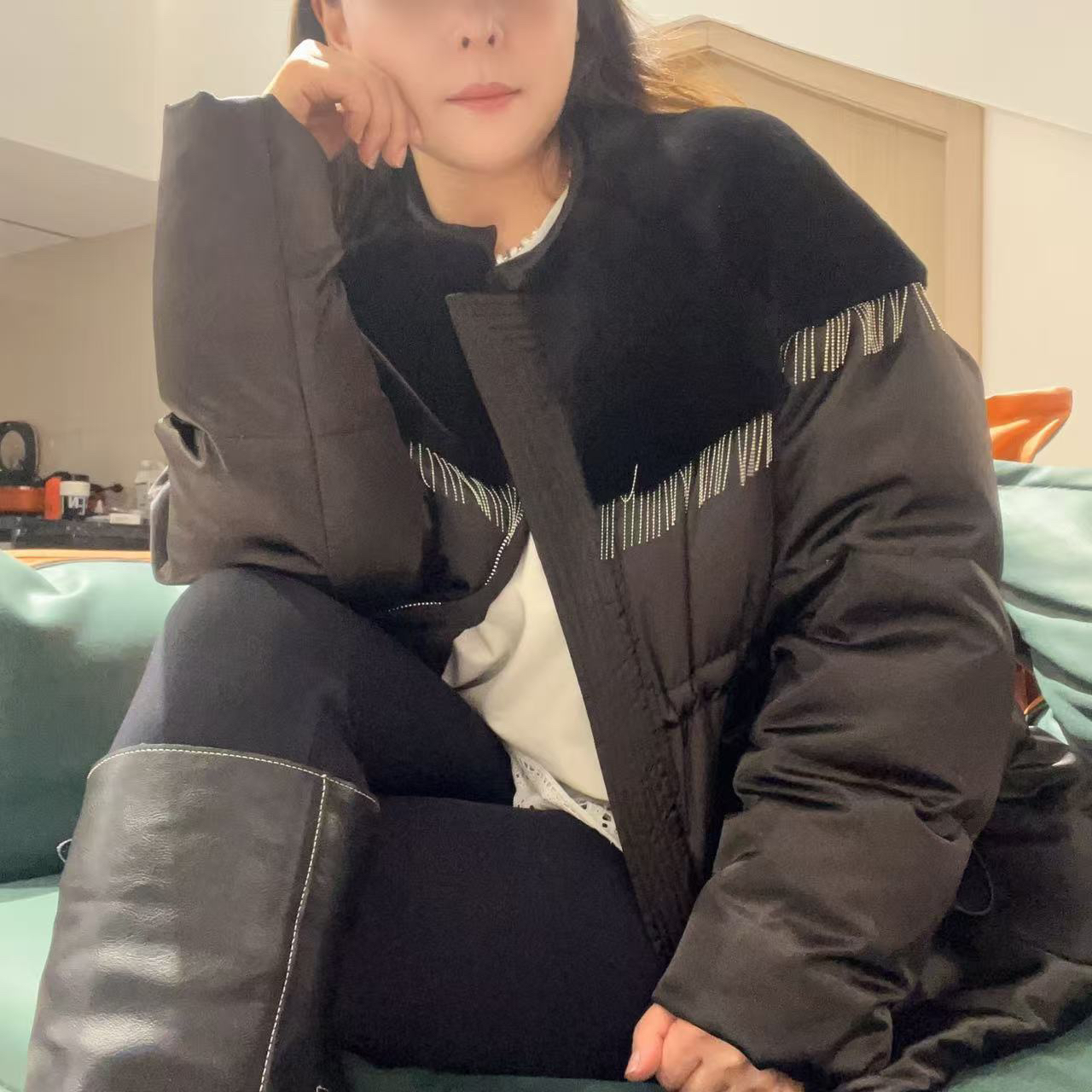 时尚黑色流苏皮毛一体拼接鹅绒服外套#2789