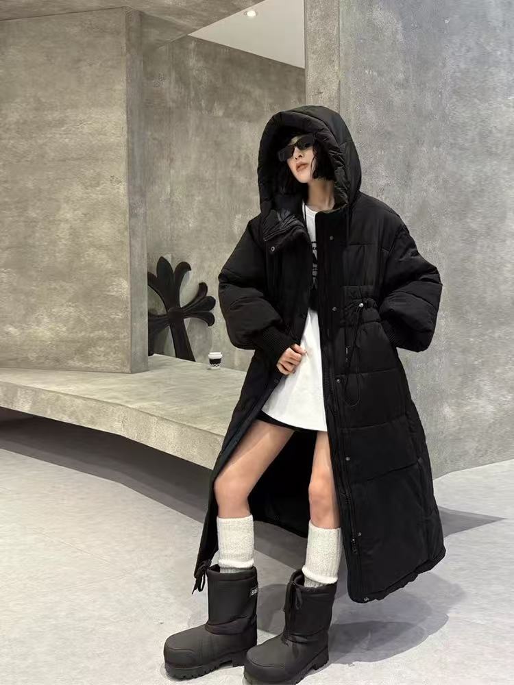 大版连帽长款棉服大衣宽松遮肚子冬季必备洋气显瘦黑色棉服