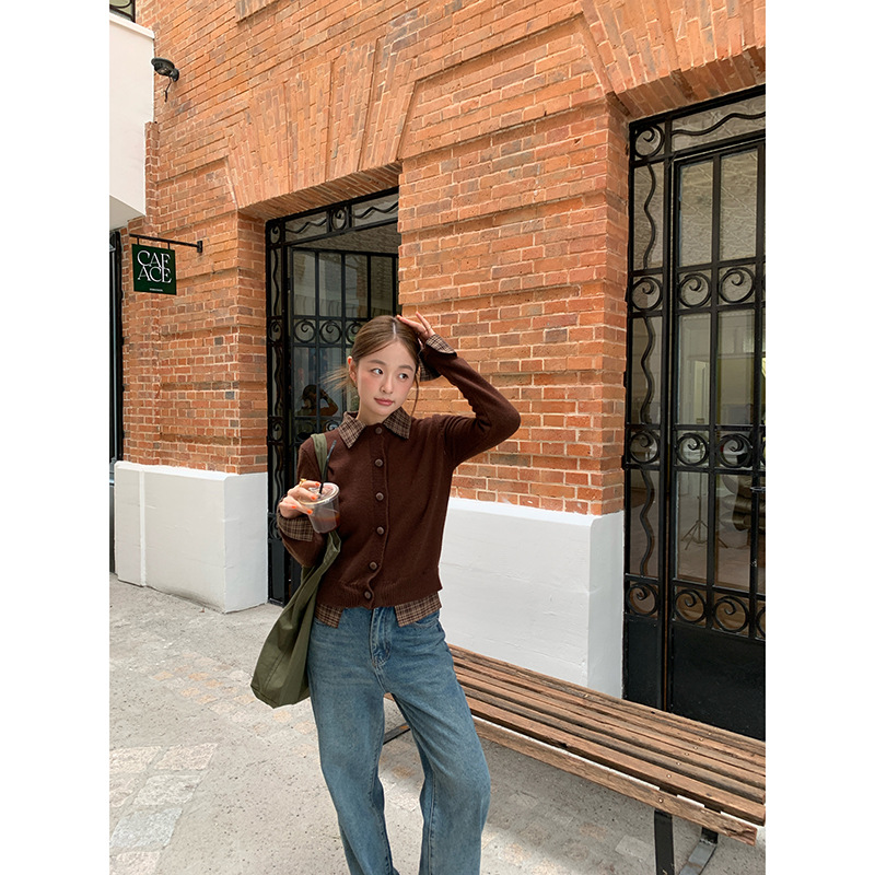 十三行春秋日美拉德复古格纹假两件针织毛衣开衫F2353