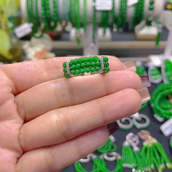 翡翠戒指银S925镶嵌圆珠戒圈2.5