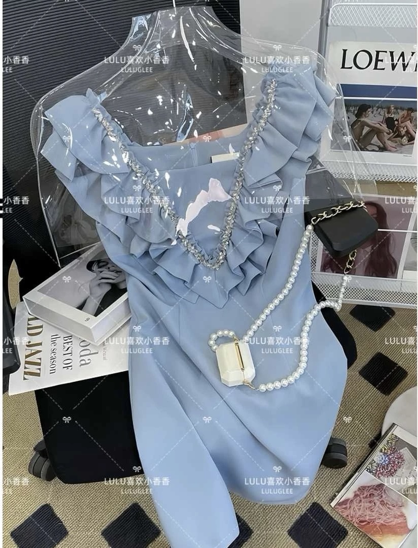 气质名媛荷叶边V领拼接镶钻连衣裙女夏季新款法式收腰无袖中长裙