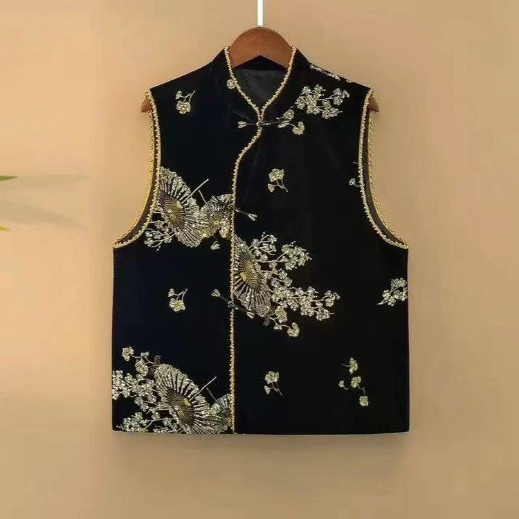{珊瑚}立领国风复古刺绣春秋新款无袖中式背心马甲