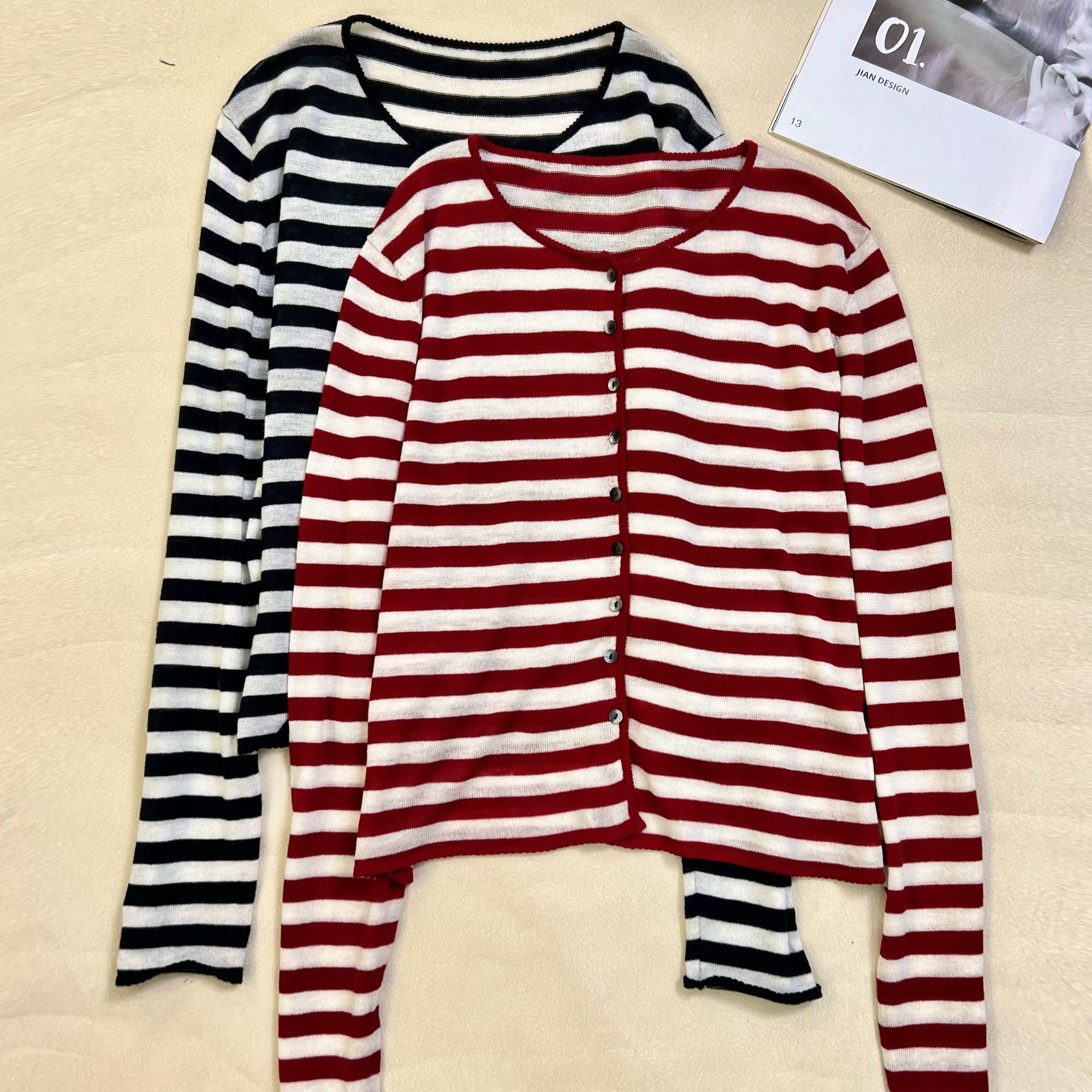 【叶子服饰】秋季新款休闲百搭条纹针织开衫25317