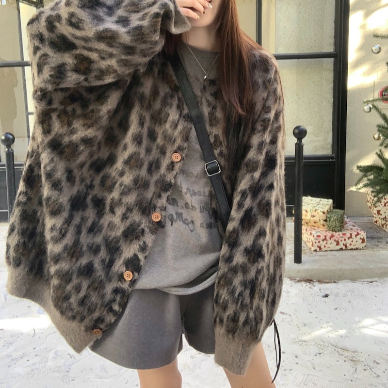 韩版开衫美拉德穿搭豹纹针织开衫女秋冬慵懒风毛衣外套高级感上衣