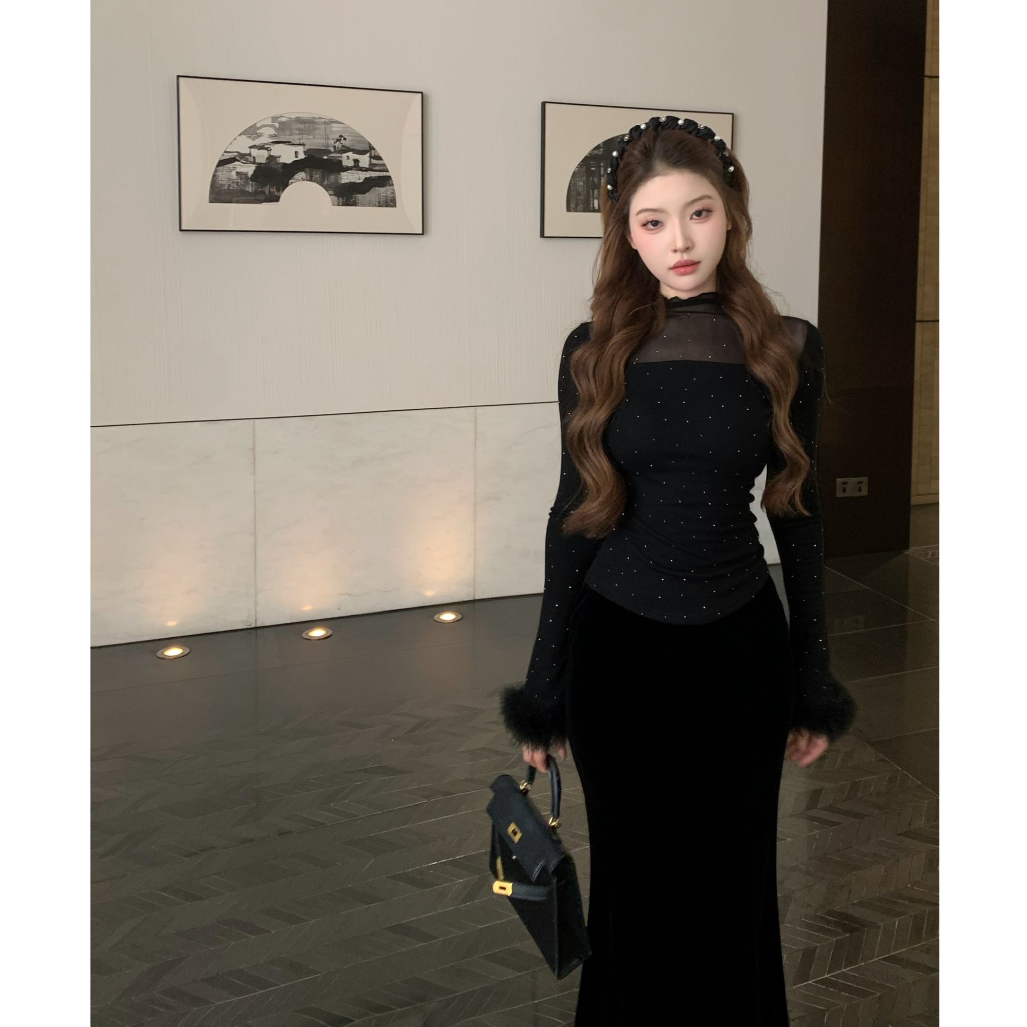 SZA【黑金女神】冬季新款烫钻半高领蕾丝打底内搭针织衫A-2512