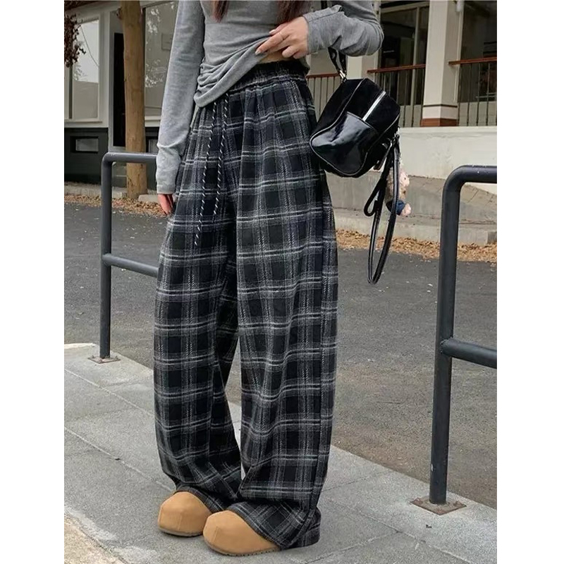复古毛呢加绒格子阔腿裤2025冬新款加绒高腰宽松直筒休闲裤 8826