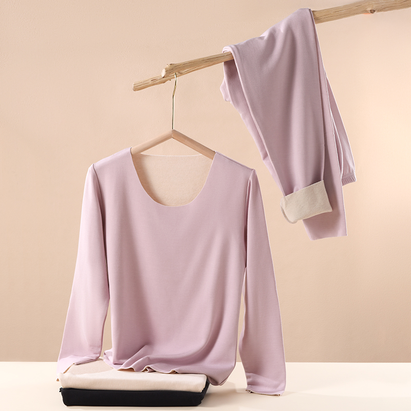 秋冬真丝拉绒绒面100桑蚕丝纯色1层无痕女士内穿保暖套装03S388