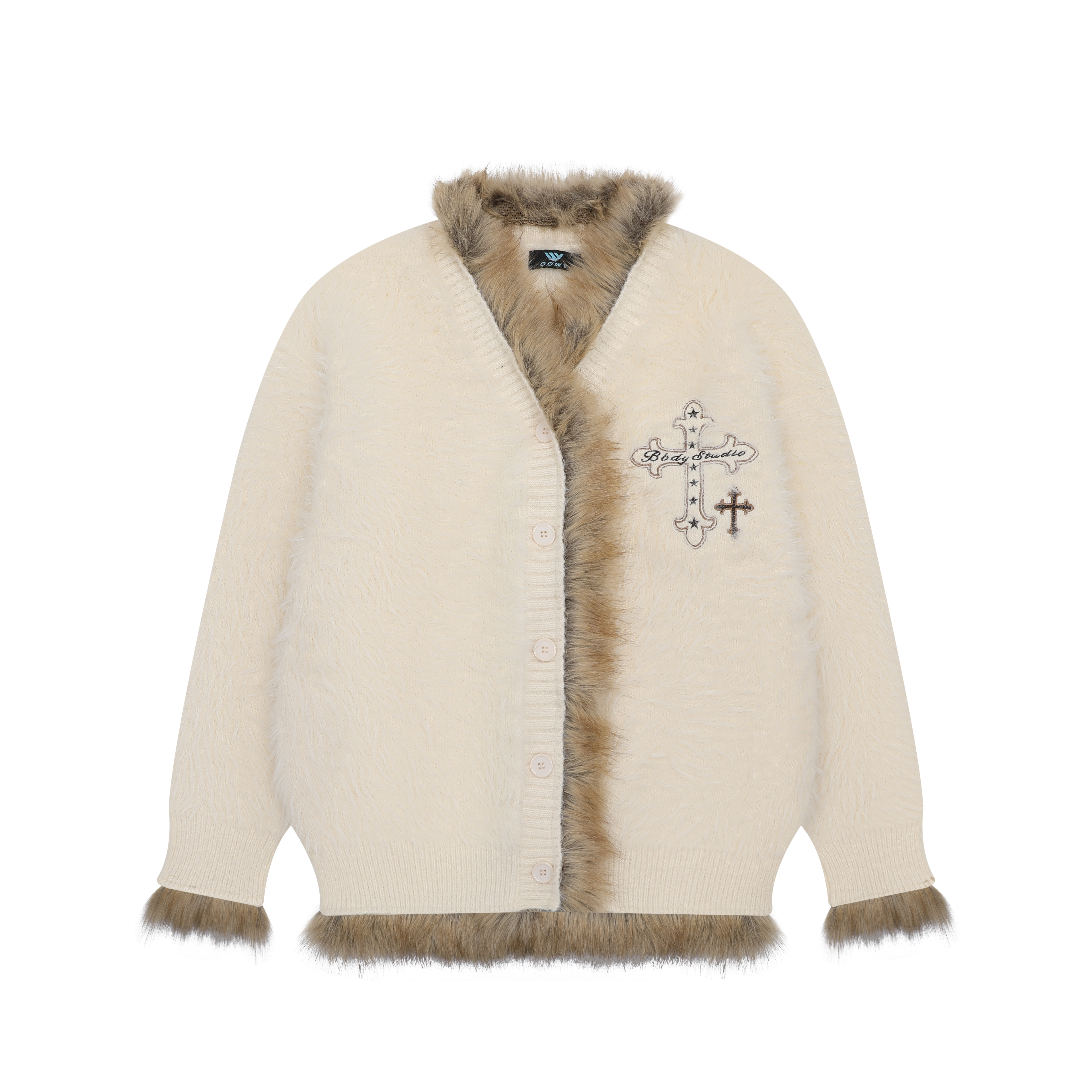 MKGO韩系十字架刺绣毛绒纽扣开衫毛衣女冬季宽松小众设计针织外套