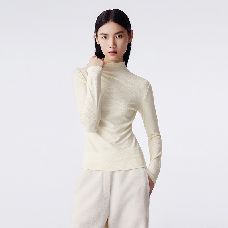 LANCY/朗姿2025年冬新款半高领修身长袖T恤上衣女简约百搭打底衫L
