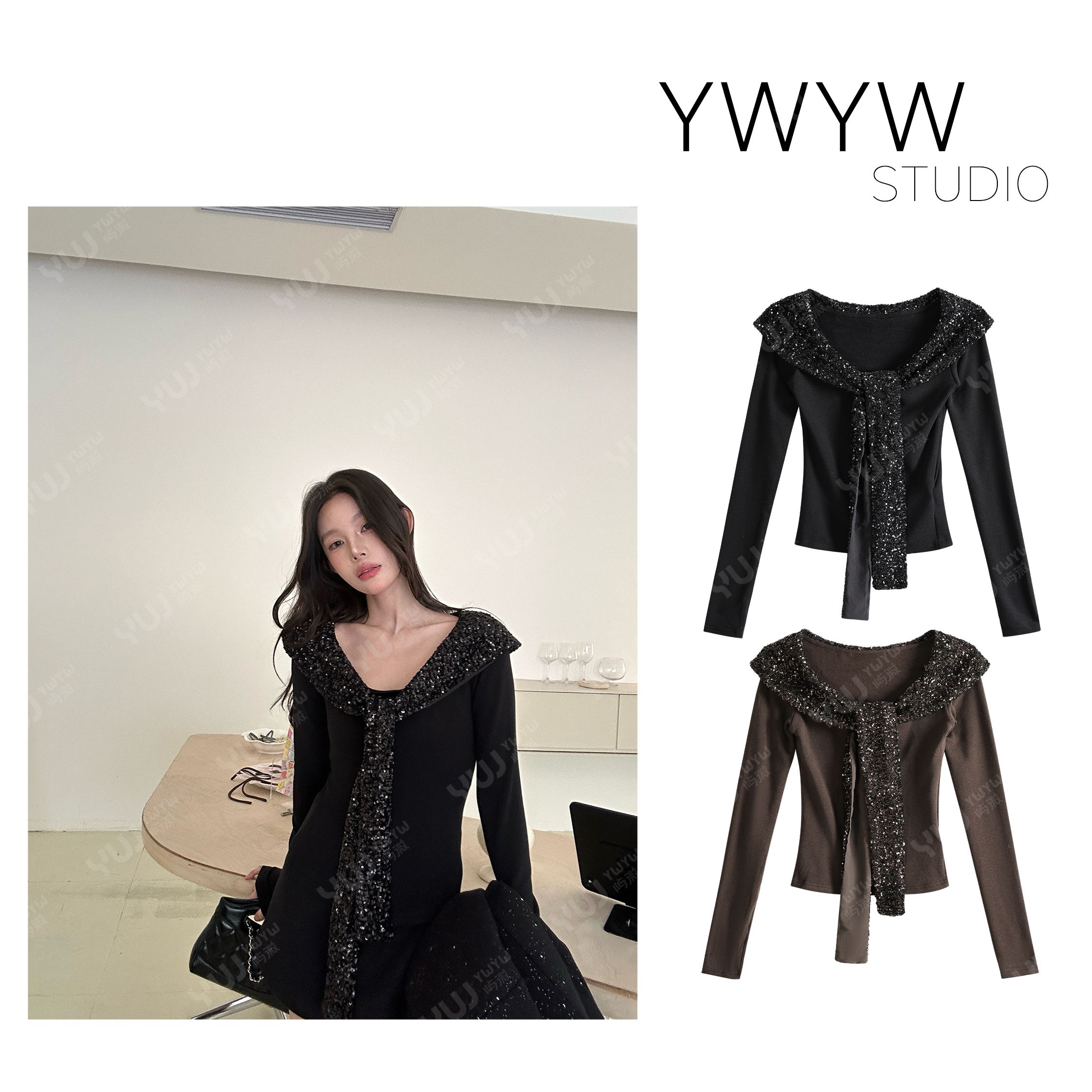 【YWYW25F/W】亮片荷叶边绑带修饰领口长袖夹绒打底针织衫5927