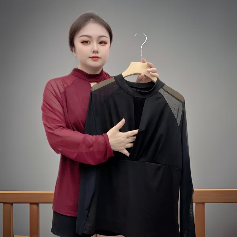 2025春装新款网纱打底衫修身女内搭时尚立领长袖上衣t恤洋气小衫