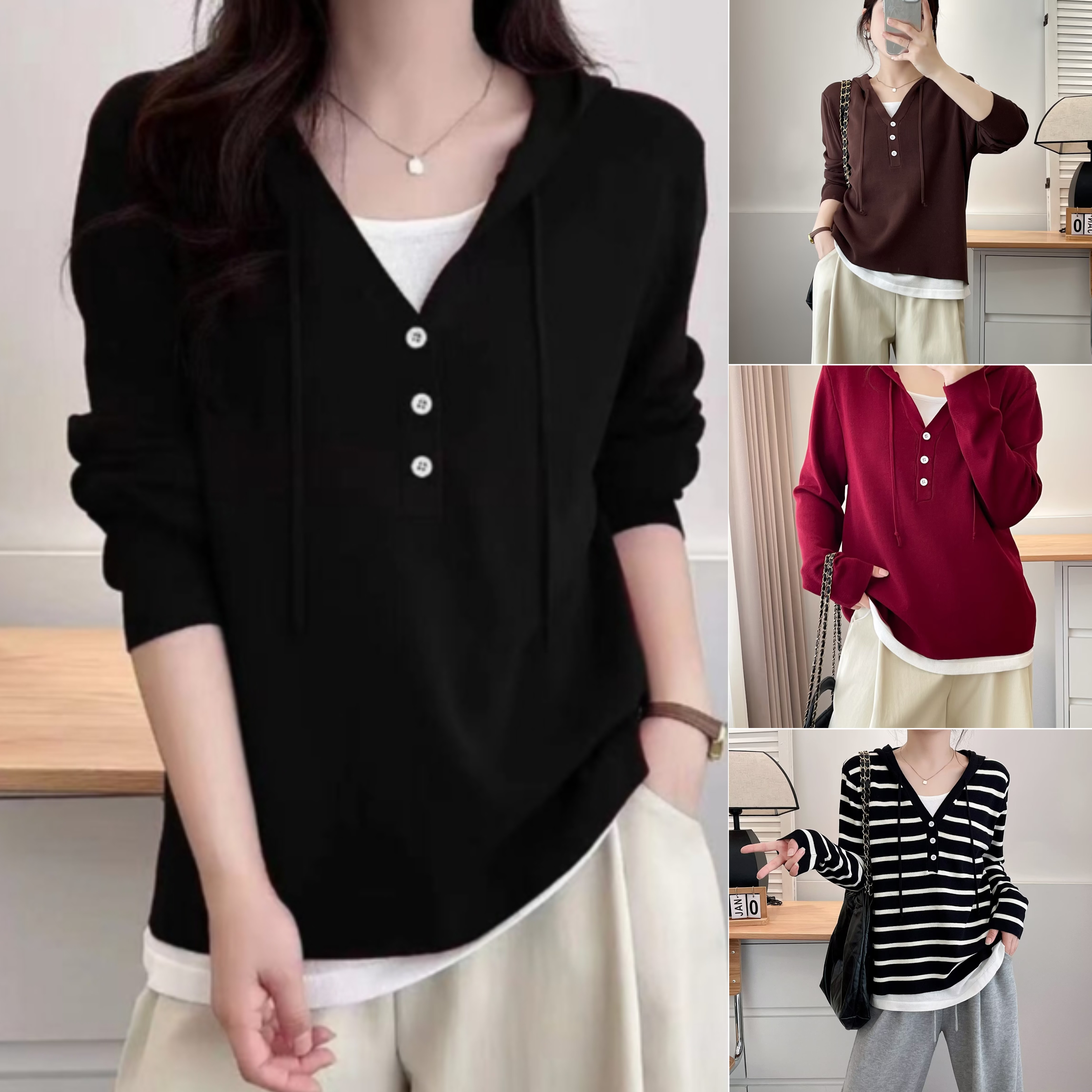 （9912）春季女韩版显瘦时尚假两件百搭连帽线衫针织衫外套