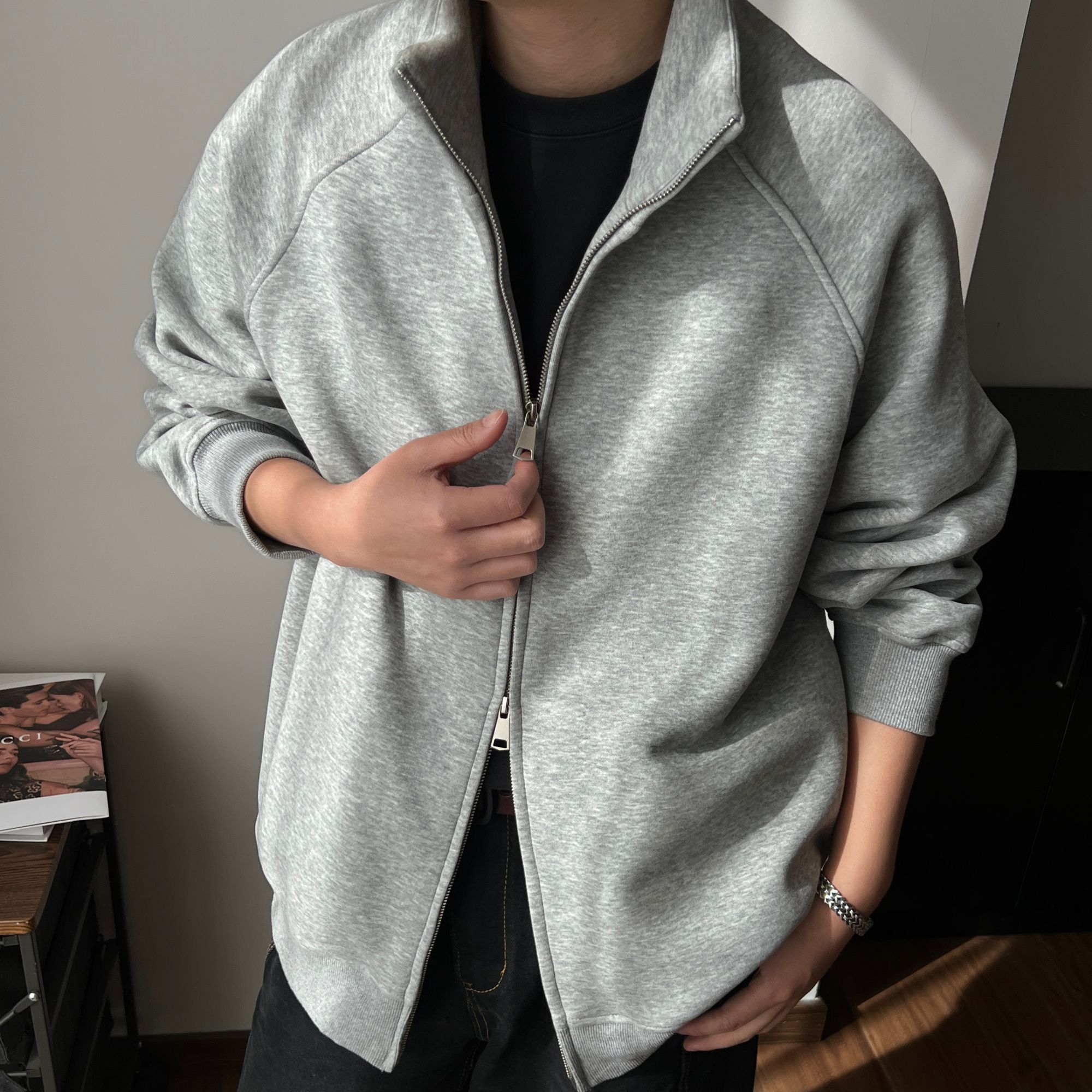 美式重磅400g纯色立领插袋休闲百搭情侣开衫卫衣运动外套