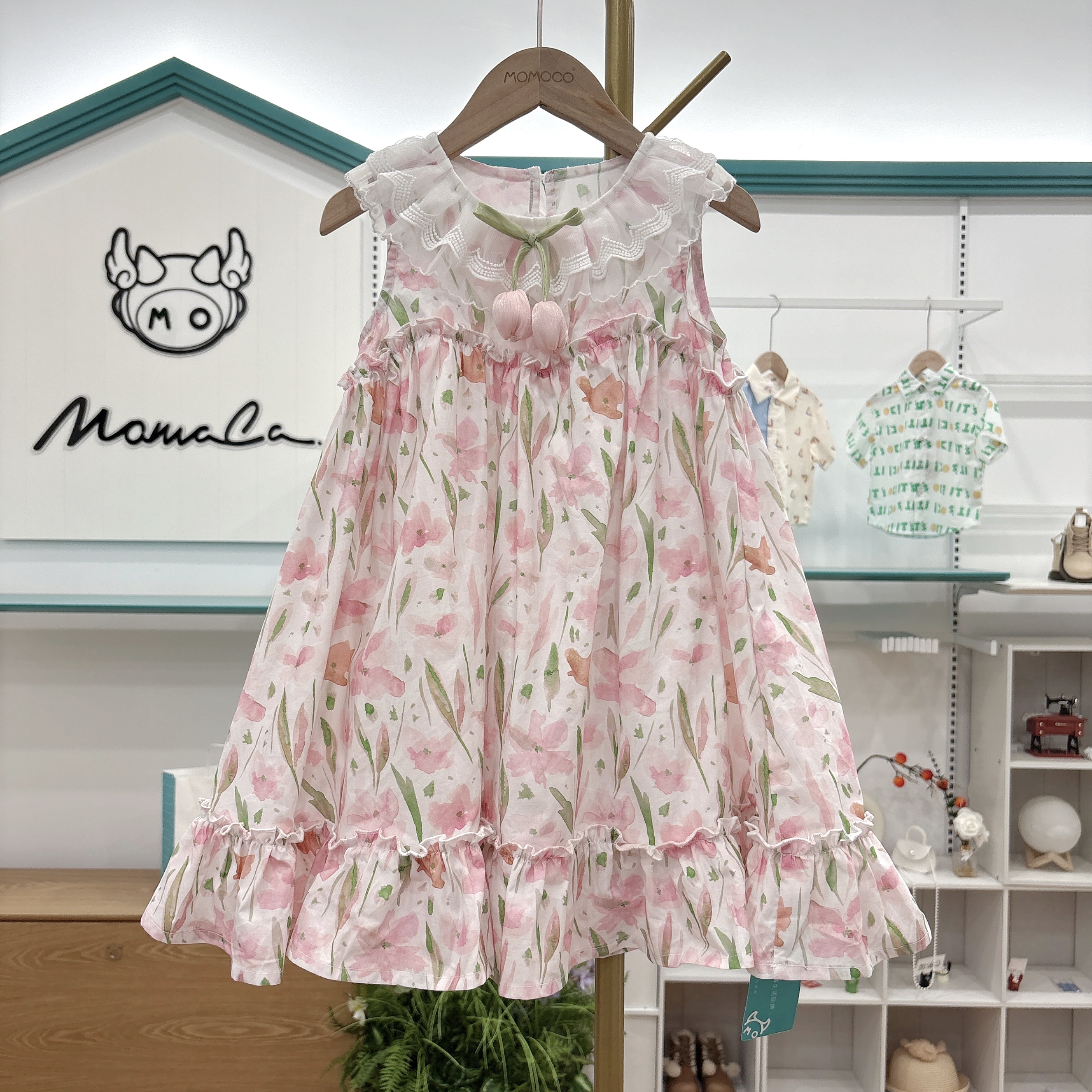 MOMOCO女童夏季甜美韩系碎花满印郁金香无袖连衣裙77630470253