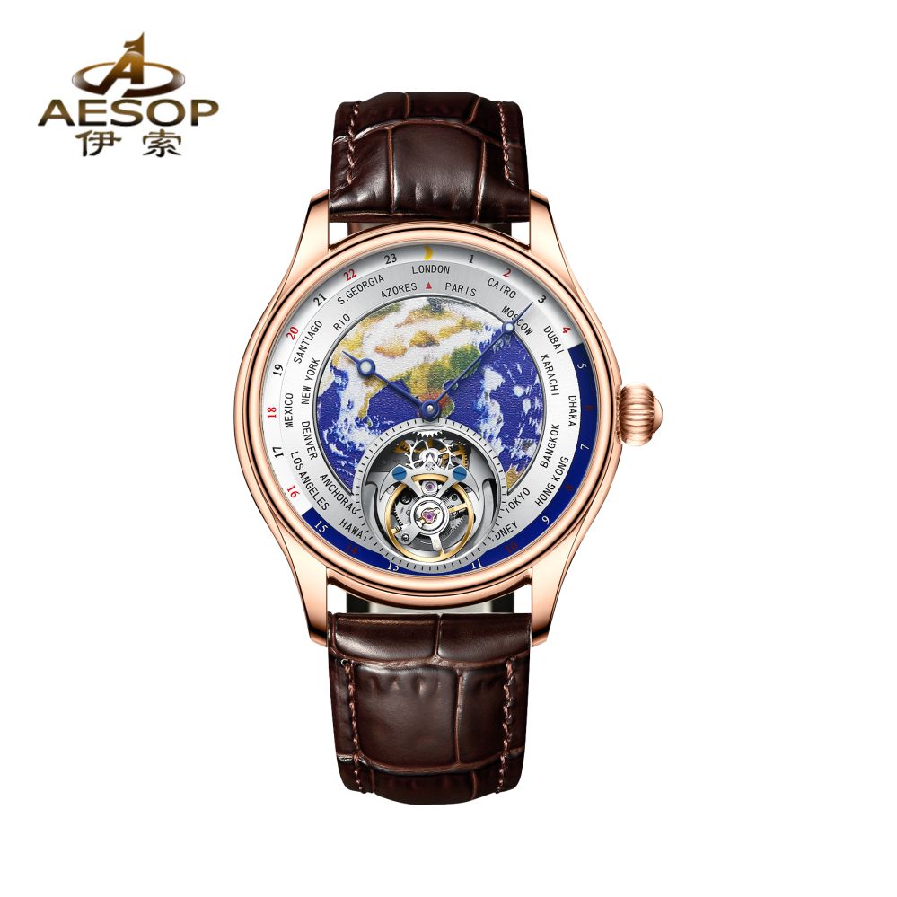 AESOP/伊索正品地球世界地图手动夜光防水机械陀飞轮男士腕表百搭
