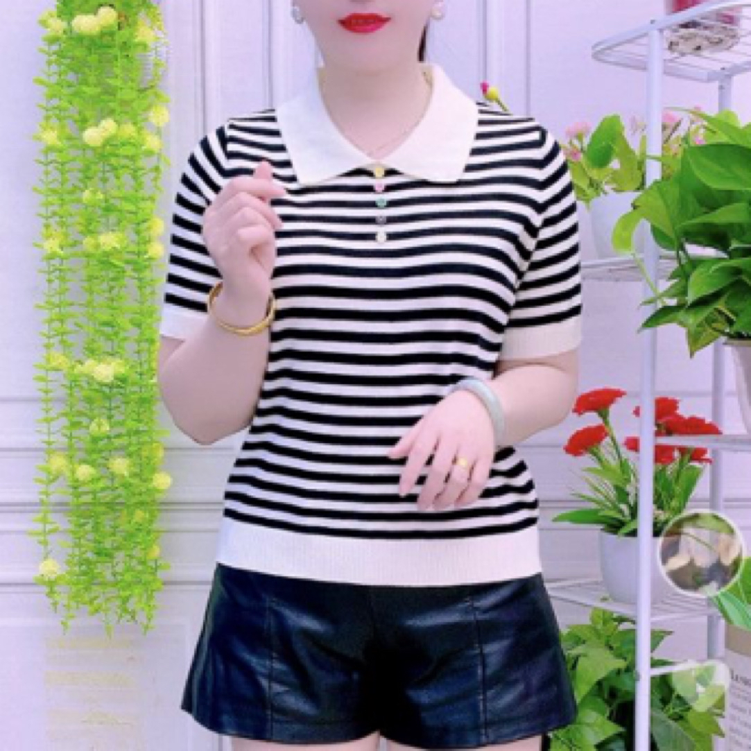条纹休闲风短袖翻领薄款毛针织衫时尚修身纯欲辣妹风