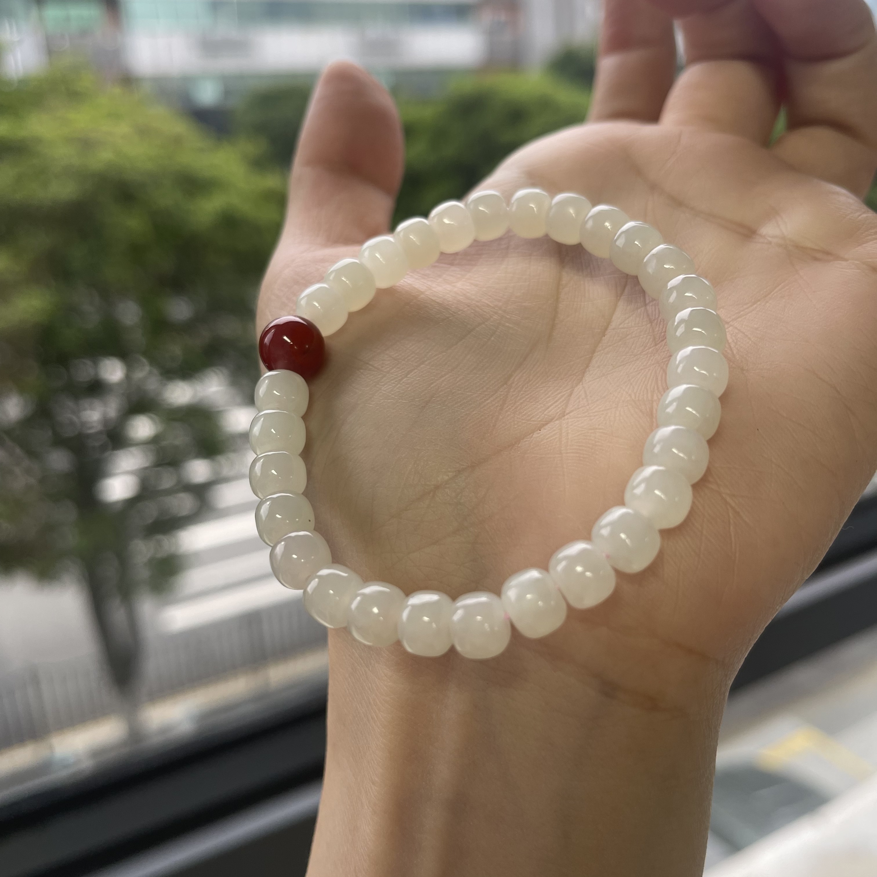 【孤品 福利价】藕粉和田玉南红单圈手串