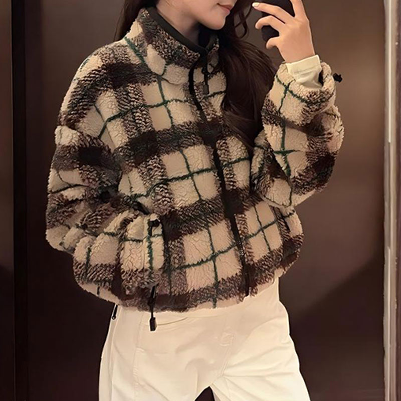 香朵儿【热暖暖】时尚轻奢百搭外套女混纺立领方格纹外套保暖外衣