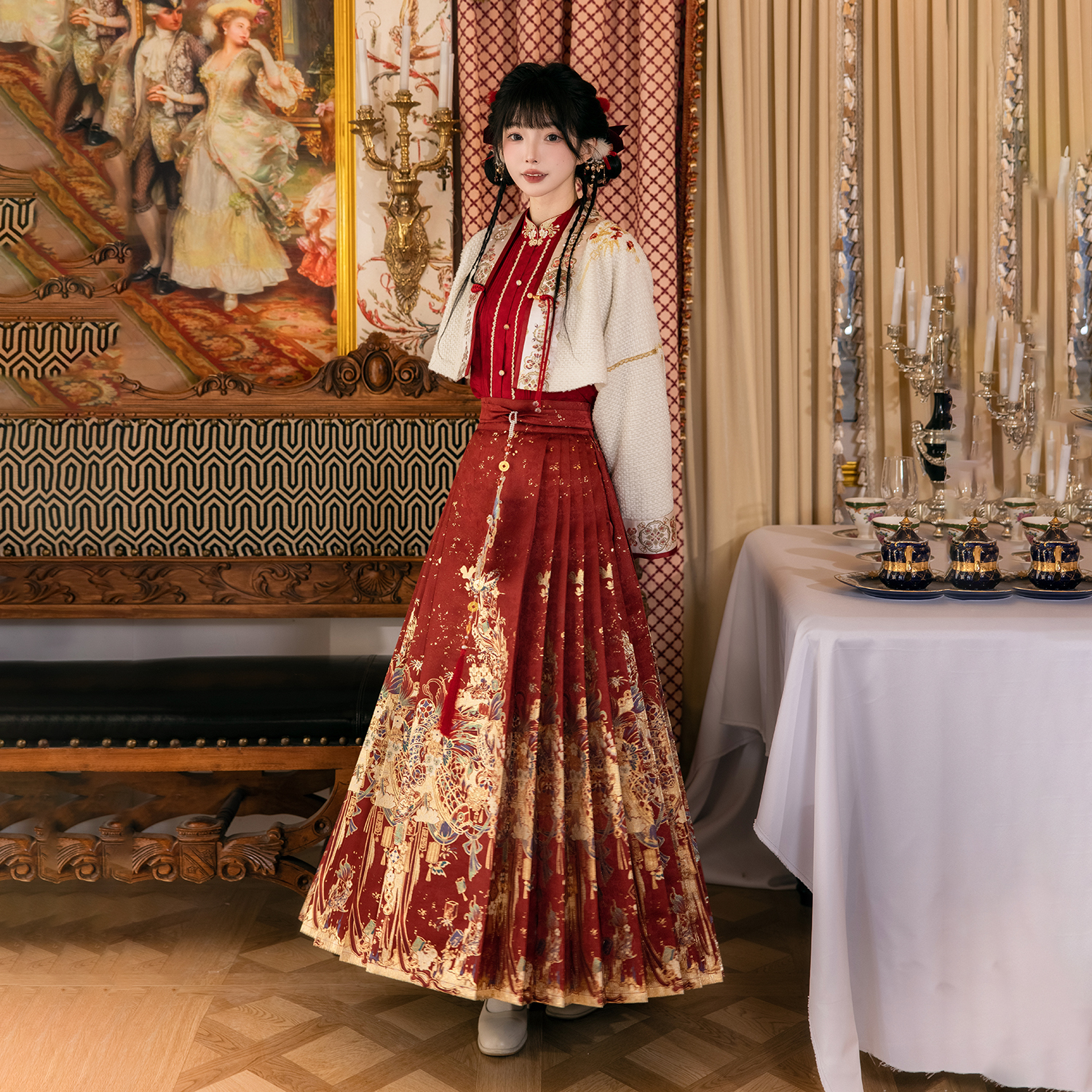 揽风华【鱼宴灯霄官搭】原创设计汉服红色明制织金仿妆花马面裙套装