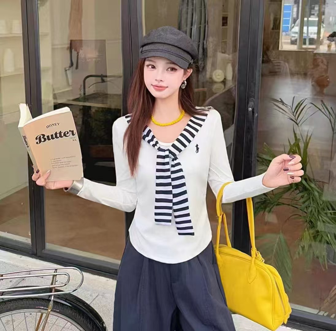 （琳琳家）韩版条纹披肩拼接长袖T恤女新款设计感修身显瘦打底上衣