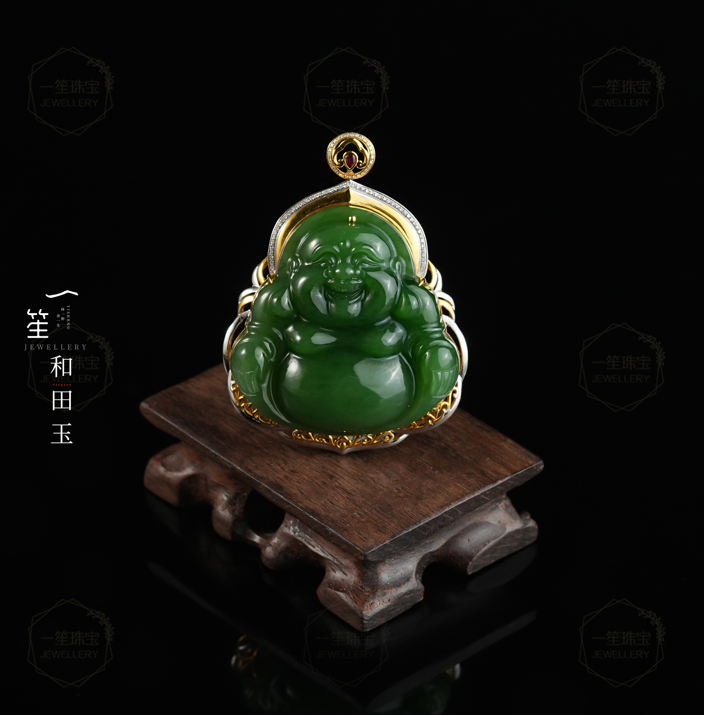 【一笙珠宝】天然和田玉碧玉佛公吊坠18k金镶嵌