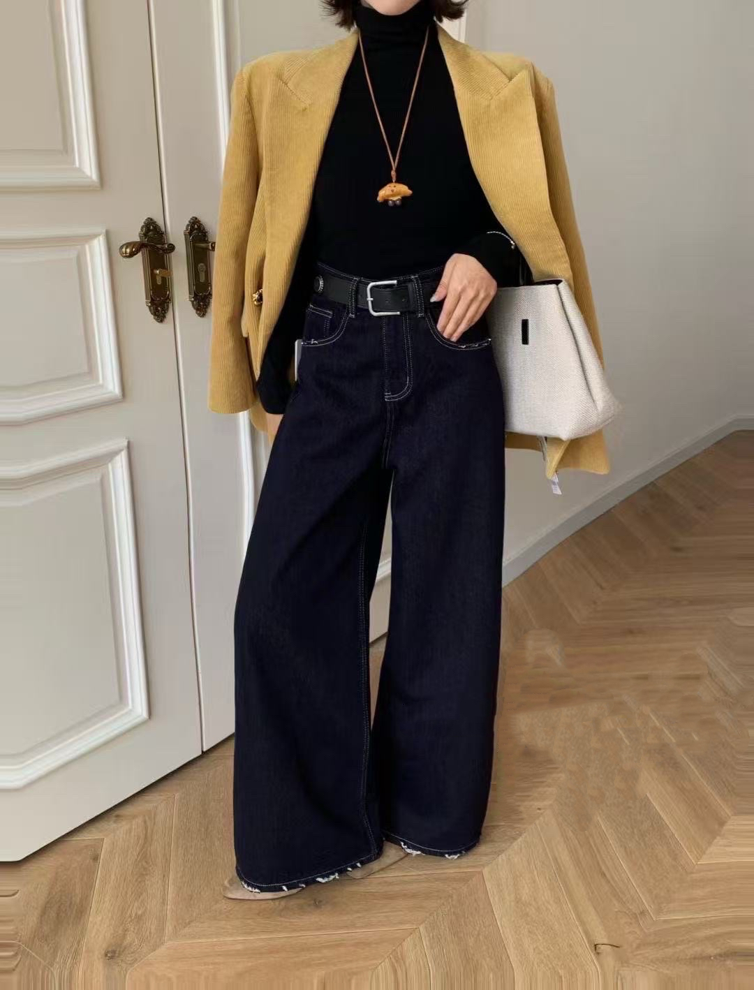 韩版工艺磨破盖裤十分阔腿牛仔裤