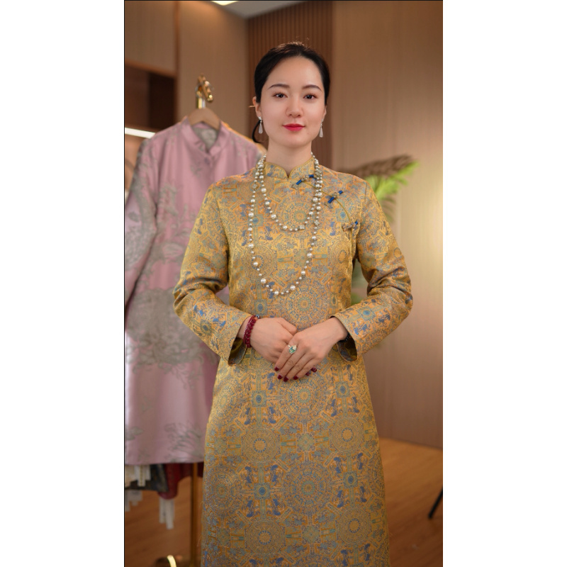 品优国风古韵提花改良收腰旗袍9分袖加厚连衣2025A0001-桃子