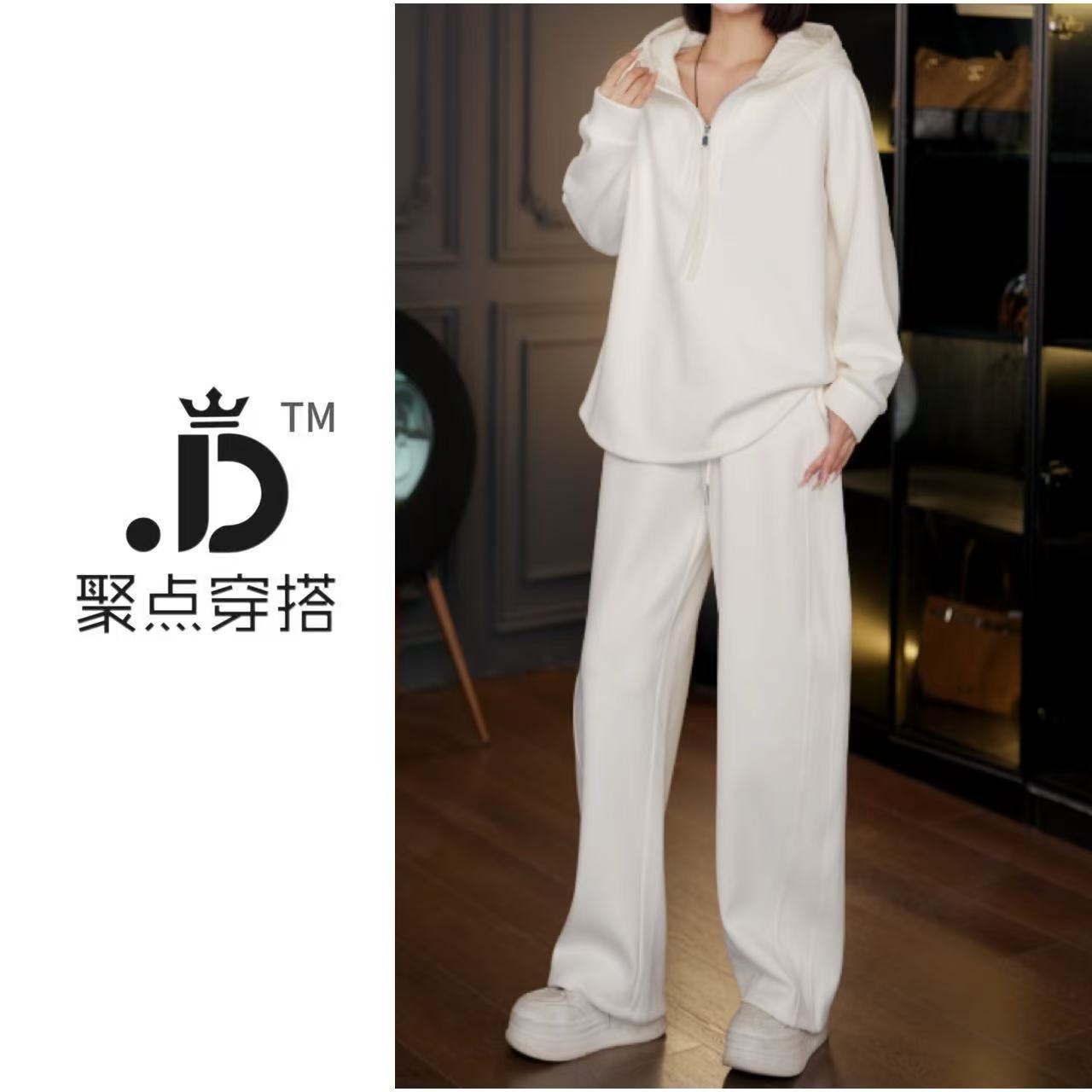 JUDIAN-2025秋冬纯色半拉链休闲连帽加厚上衣+长裤两件套8jd00586
