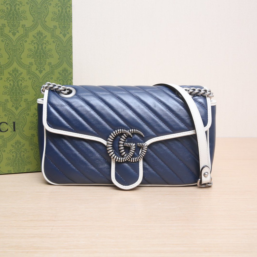95新 GUCCI/古驰 小花攀攀 Marmont 肩背包 小号 26 羊角扣 蓝色