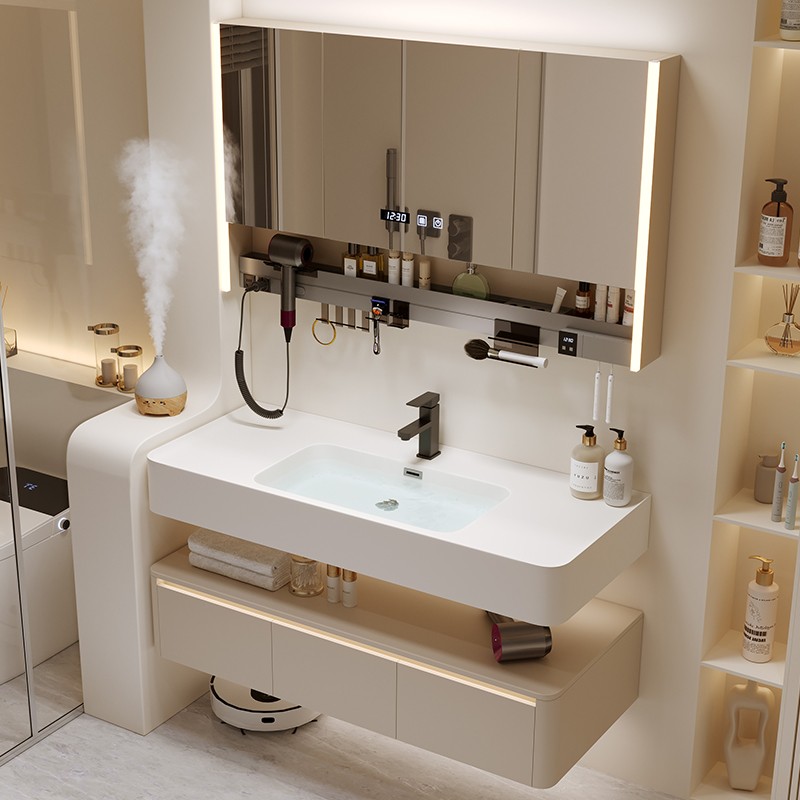 奶油酒店风肤感一体盆现代简约浴室柜组合卫生间洗脸盆池洗漱台