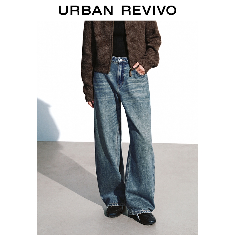 UR2025冬季新款女装复古水洗猫须弯刀牛仔长裤UYV850171