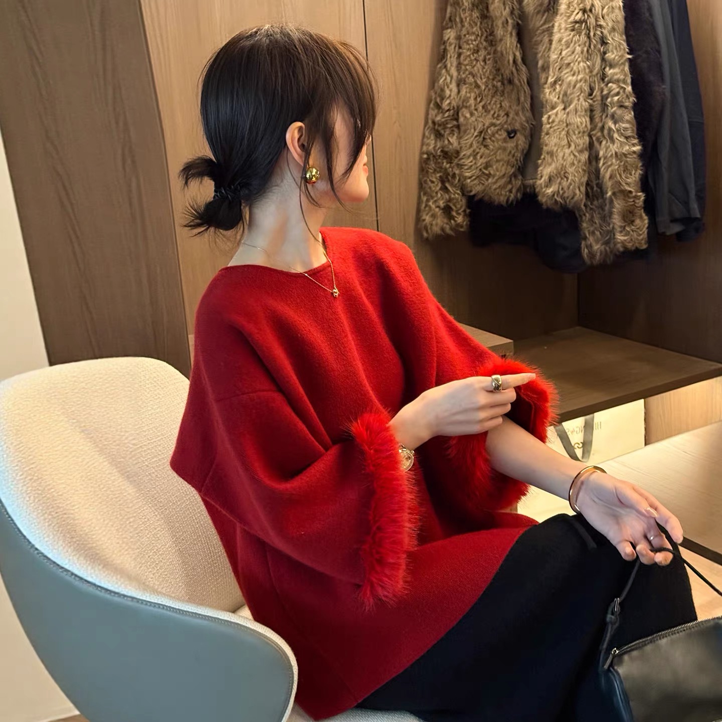 MEIZHENZI【气质名媛】冬季正反两穿七分袖针织衫女慵懒风毛衣外套