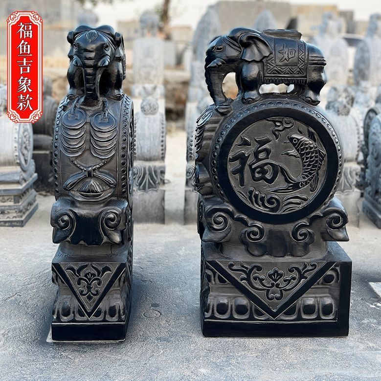 天然青石仿古门墩铜钱小象抱鼓石酒店别墅庭院装饰抱鼓石门口摆件