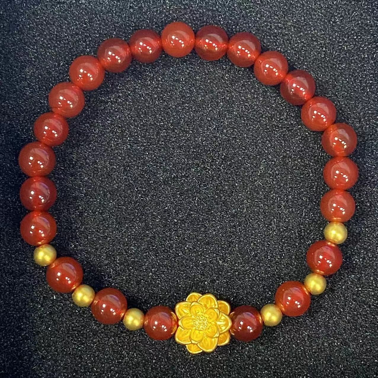 足金999古法莲花+6颗卡4古法搭红 玛 瑙手串@@A206